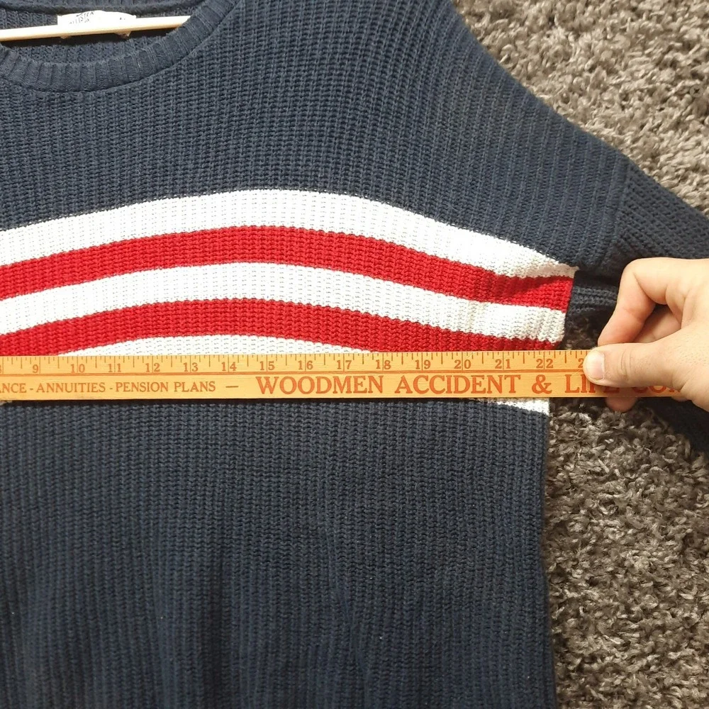 Hollister Sweater Men Medium Navy Blue Red White Stripe Crew Neck Waffle Knit‎